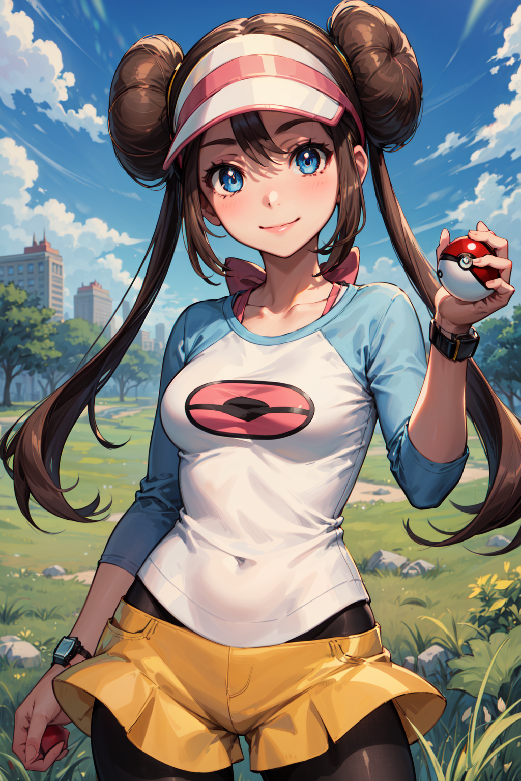 00577-871185067-masterpiece,best quality,1girl,ro1,hair bun,blue eyes,twintails,visor cap,pantyhose,raglan sleeves,yellow shorts,shirt,pink bow,.png